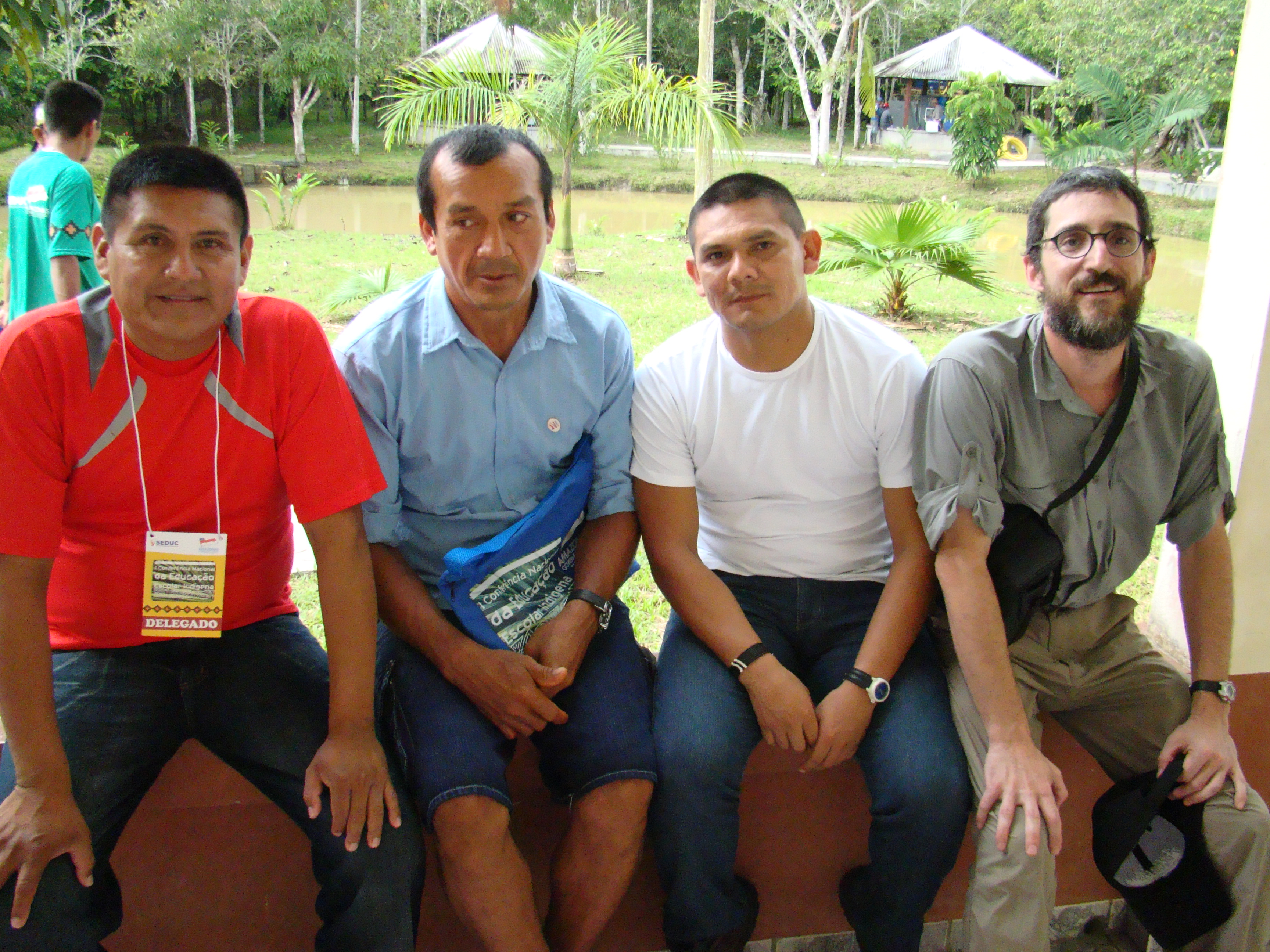 Clovis Rufino, Beto Marubo, and Manelao pose for a photograph with Javier Ruedas at a conference on education in Tabatinga in 2009.