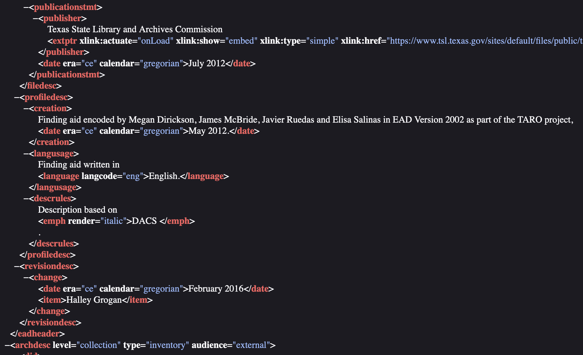 A snippet of XML code in EAD following DACS format, created by a team of four including Javier Ruedas in 2012.