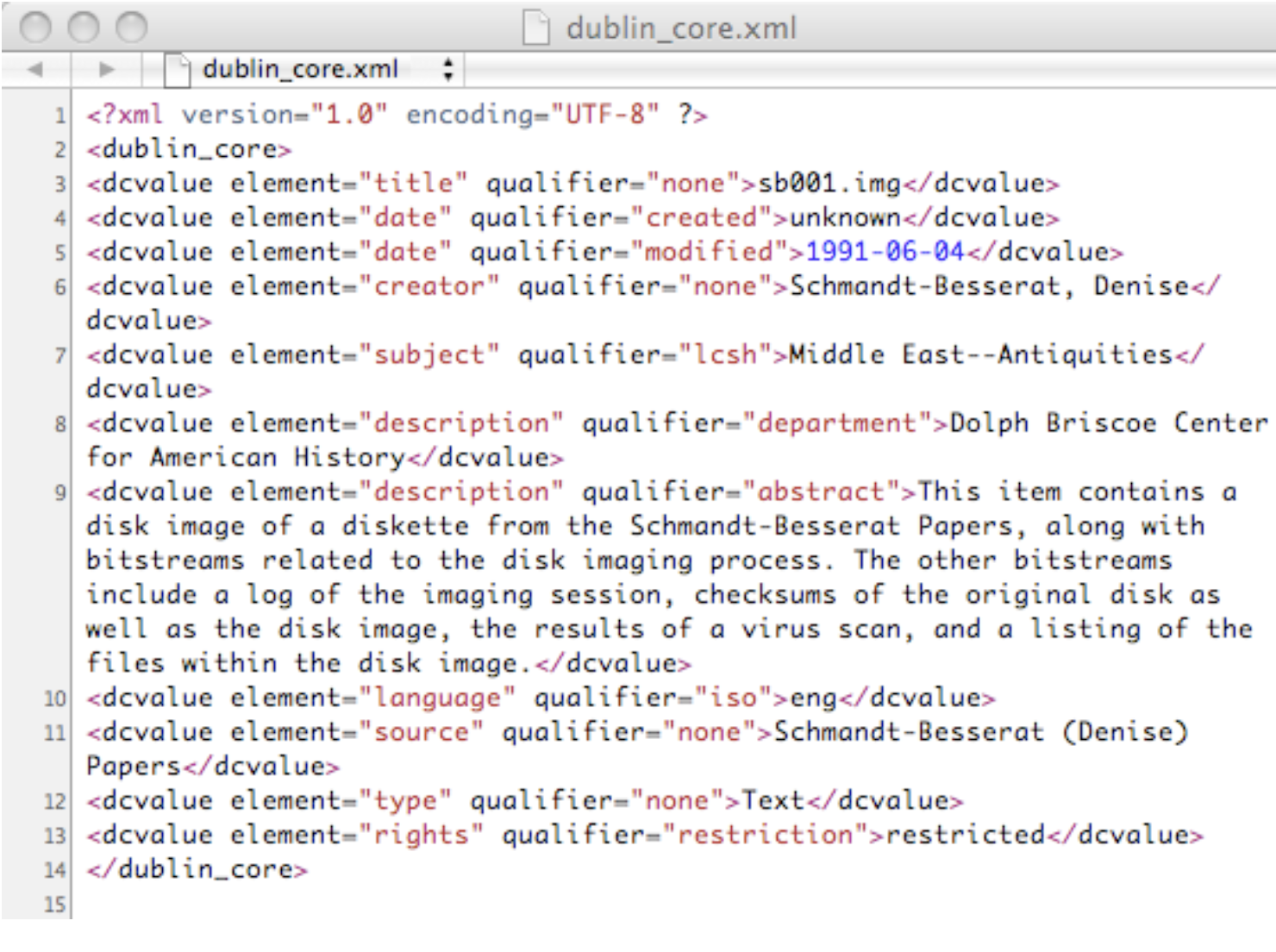 A snippet of XML in dublin core format.