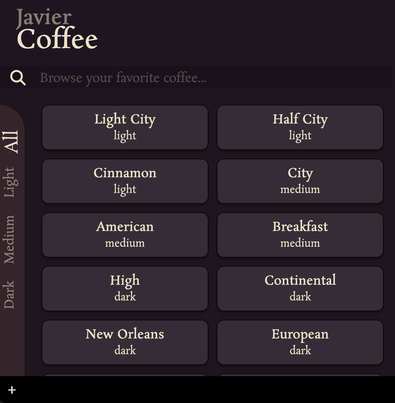 image of a web page displaying coffee options along with a menu for sorting by roast, a search bar, and an icon to add a new coffee to the list.
