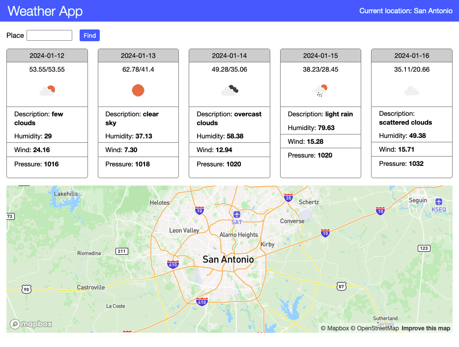 image of a web page displaying a map and corresponding weather, with current weather and four days of forecasts.